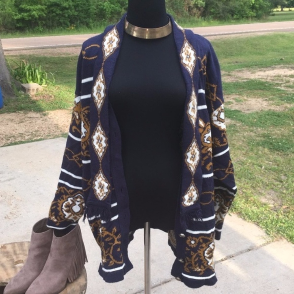 Retro Vintage blue/gold chunky cardigan‎ sweater top 90s